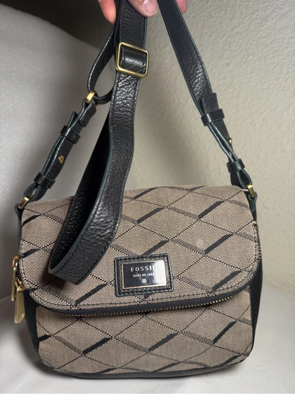 Fossil Taupe Patterned Crossbody with Black Trim